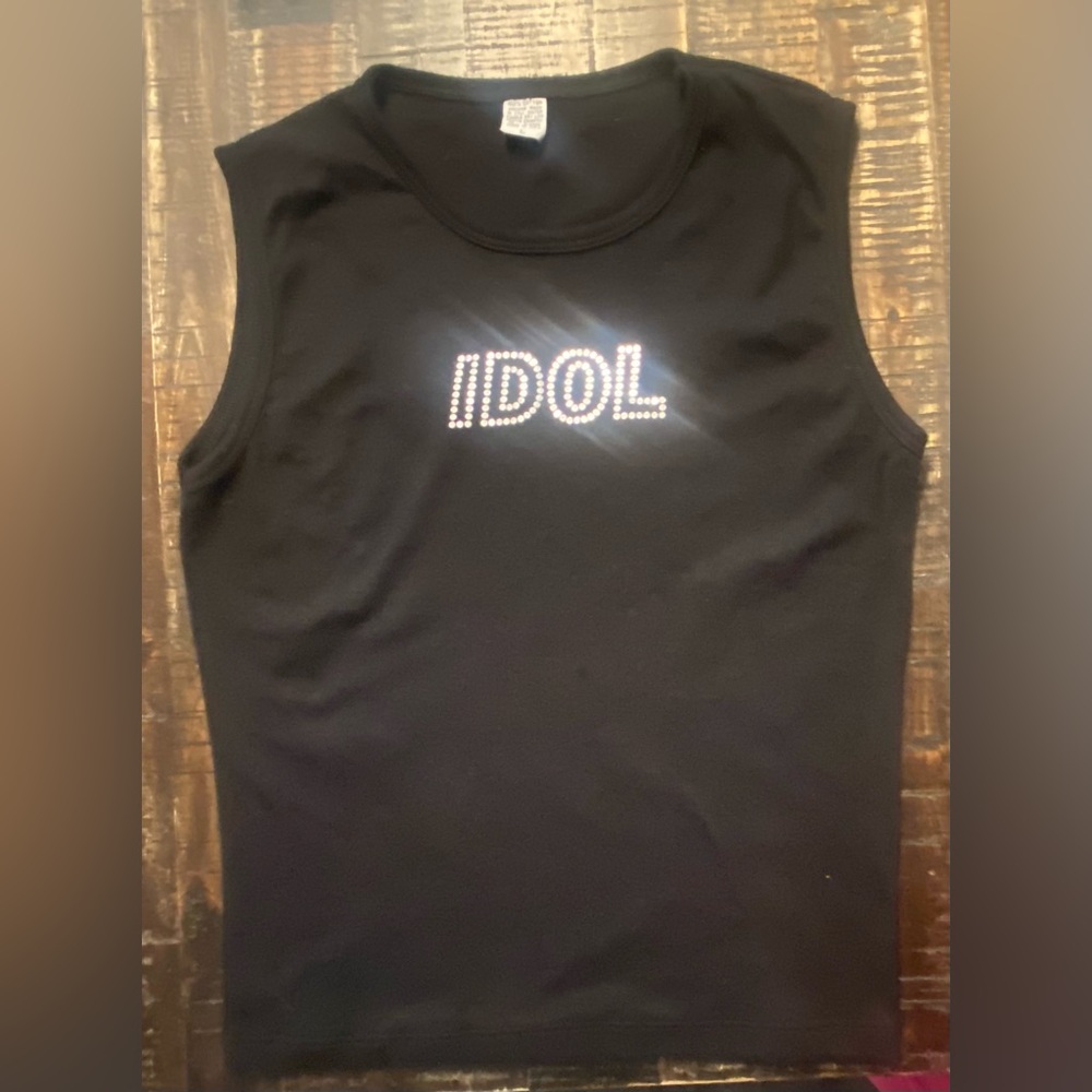 🎶 Black Sleeveless Top with silver 'IDOL' Retro Tee Large 🎶 Billy Idol